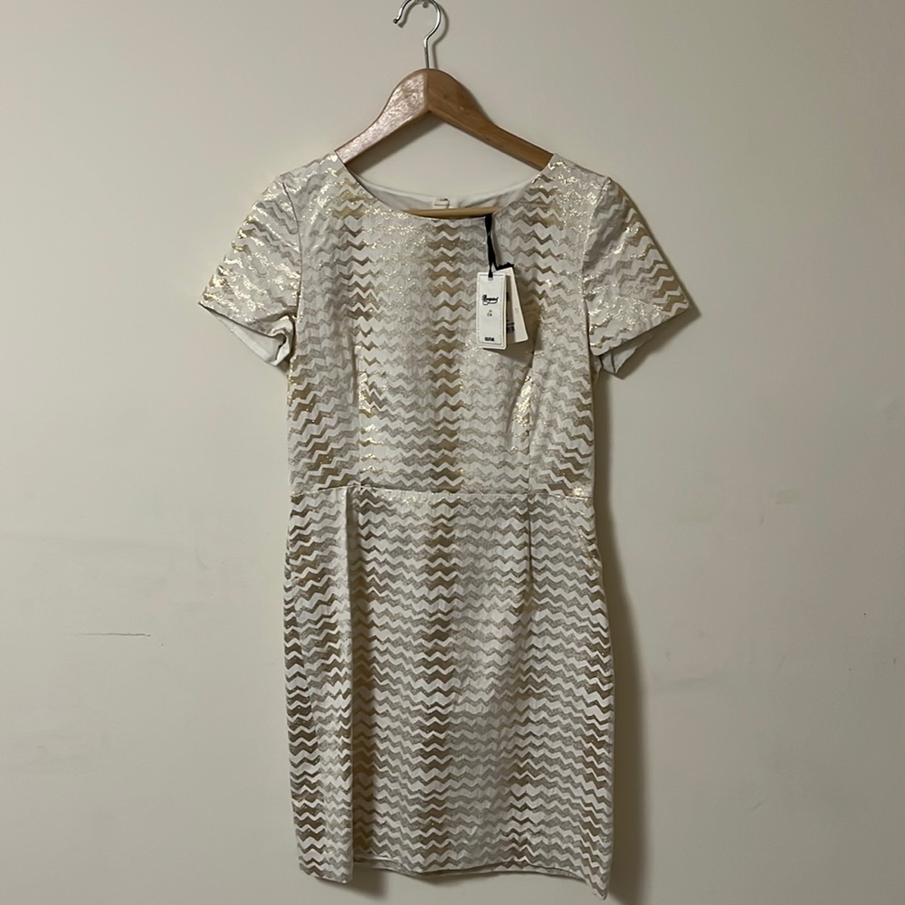 NWT Bonpoint Couture women’s ivory and metallic gold chevron dress